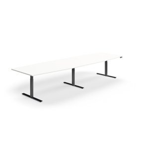 Jednací stůl QBUS, výškově nastavitelný, ve tvaru sudu, 4000x1200 mm, černá podnož, bílá