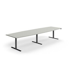 Jednací stůl QBUS, výškově nastavitelný, ve tvaru sudu, 4000x1200 mm, černá podnož, světle šedá