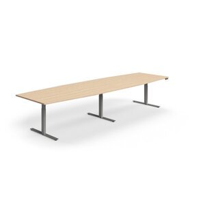 Jednací stůl QBUS, výškově nastavitelný, ve tvaru sudu, 4000x1200 mm, stříbrná podnož, dub
