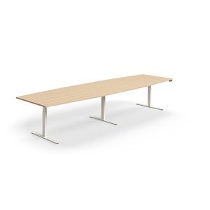 Jednací stůl QBUS, výškově nastavitelný, ve tvaru sudu, 4000x1200 mm, bílá podnož, dub