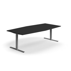 Jednací stůl QBUS, T-nohy, 2400x1200 mm, tvar člunu, stříbrná podnož, černá