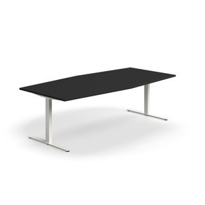 Jednací stůl QBUS, T-nohy, 2400x1200 mm, tvar člunu, bílá podnož, černá