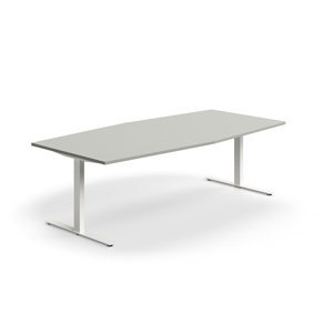 Jednací stůl QBUS, T-nohy, 2400x1200 mm, tvar člunu, bílá podnož, světle šedá