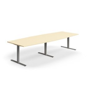 Jednací stůl QBUS, T-nohy, 3200x1200 mm, tvar člunu, stříbrná podnož, bříza