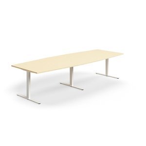 Jednací stůl QBUS, T-nohy, 3200x1200 mm, tvar člunu, bílá podnož, bříza