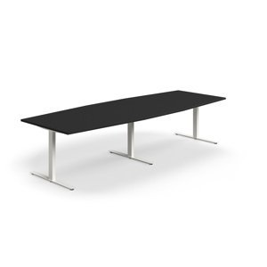 Jednací stůl QBUS, T-nohy, 3200x1200 mm, tvar člunu, bílá podnož, černá