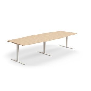 Jednací stůl QBUS, T-nohy, 3200x1200 mm, tvar člunu, bílá podnož, dub