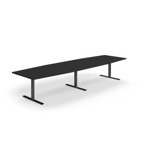 Jednací stůl QBUS, T-nohy, 4000x1200 mm, tvar člunu, černá podnož, černá