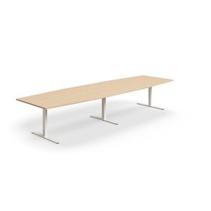 Jednací stůl QBUS, T-nohy, 4000x1200 mm, tvar člunu, bílá podnož, dub