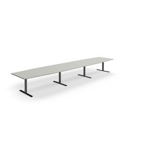 Jednací stůl QBUS, T-nohy, 5600x1200 mm, tvar člunu, černá podnož, světle šedá