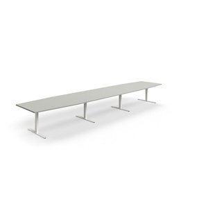 Jednací stůl QBUS, T-nohy, 5600x1200 mm, tvar člunu, bílá podnož, světle šedá