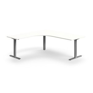 Rohový psací stůl QBUS, T-nohy, 2000x2000 mm, stříbrná podnož, bílá