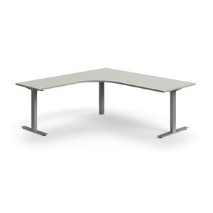Rohový psací stůl QBUS, T-nohy, 2000x2000 mm, stříbrná podnož, světle šedá