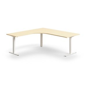 Rohový psací stůl QBUS, T-nohy, 2000x2000 mm, bílá podnož, bříza