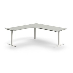 Rohový psací stůl QBUS, T-nohy, 2000x2000 mm, bílá podnož, světle šedá