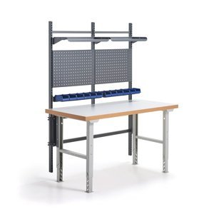 Dílenský stůl SOLID, s panelem na nářadí, boxy a policemi, 1500x800 mm, lamino