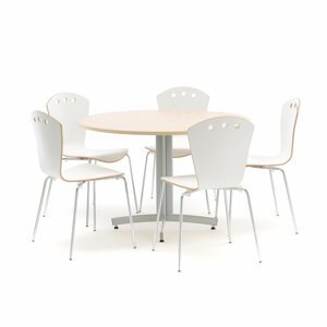 Jídelní sestava: stůl ? 1100 mm, bříza + 5 židlí, bílé