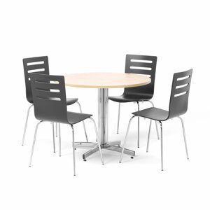 Jídelní sestava: kulatý stůl ?900 mm, bříza + 4 židle, černá/chrom