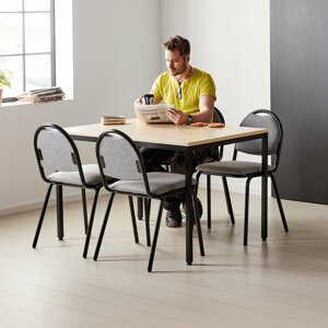 Jídelní sestava: stůl 1200 x 800 mm, lamino bříza + 4 židle, šedý textilní potah