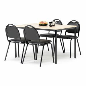 Jídelní sestava: stůl 1200 x 800 mm, lamino bříza + 4 židle, černá koženka