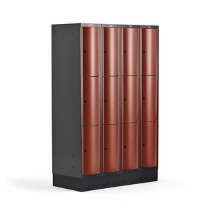 Šatní skříňka Curve, 4 sekce, 12 boxů, 1890x1200x550 mm, sokl, červené dveře