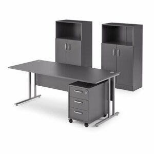 sestava: Kancelářský stůl Flexus 180 x 80 cm, šedá + zásuvkový kontejner Flexus 60 x 60 x 40 cm + 2x kancelářská skříň Flexus 132.5 x 41.5 x 76 cm,  šedá, lamino