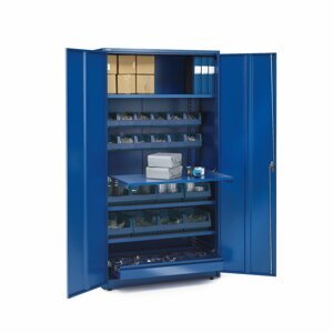 Dílenská skříň, 8 velkých a 12 malých boxů, výsuvná police, zásuvka, 1900x1020x500 mm, modrá