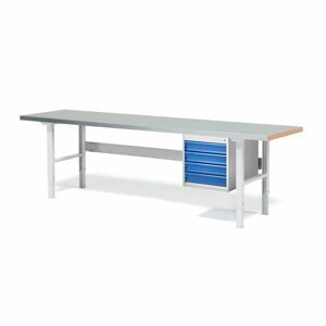 Dílenský stůl SOLID 750, 2500x800 mm, 4 zásuvky, ocelový povrch
