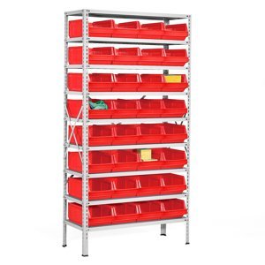 Regál s 32 plastovými boxy, 1970x1000x400 mm, červené boxy