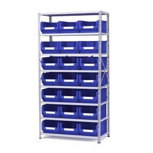 Regál s 21 plastovými boxy, 1970x1000x500 mm, modré boxy