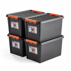 Plastový box s víkem, 50 l, 590x390x345 mm, černý, bal. 4 ks