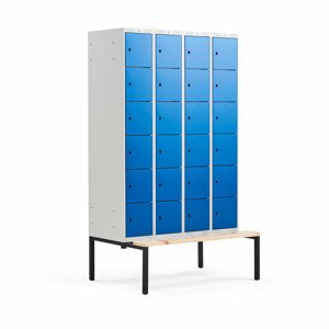Šatní skříňka Classic, s lavicí, 4 sekce, 24 boxů, 2120x1200x550mm, modré dveře