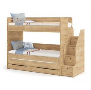 Patrová postel s přistýlkou, úložným prostorem a schůdky modular - dub
