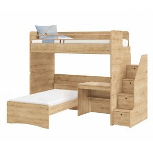 Patrová postel s psacím stolem a schůdky modular - dub