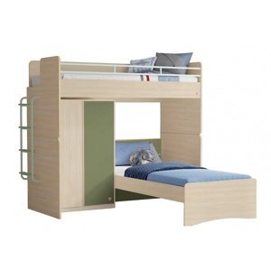 Patrová postel se skříní a žebříkem fairy modular - dub světlý/zelená