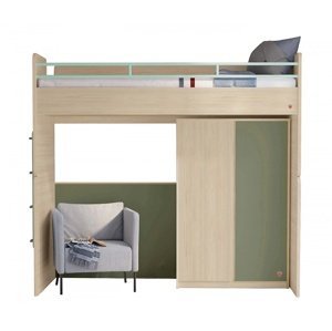 Vyvýšená postel se skříní a žebříkem fairy modular - dub světlý/zelená