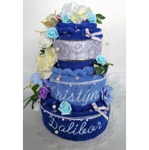 VER Textilní dort třípatrový-modrý s vyšitými jmény novomanželů