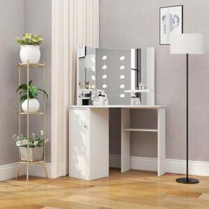 Rohový toaletní stolek s LED Dekorhome Bílá,Rohový toaletní stolek s LED Dekorhome Bílá