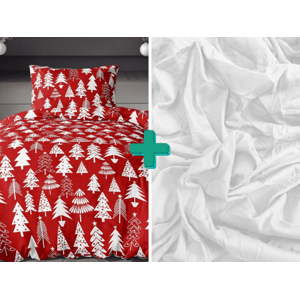 2x flanelové povlečení CHRISTMAS TREES červené + jersey prostěradlo EXCLUSIVE bílé 180 x 200 cm