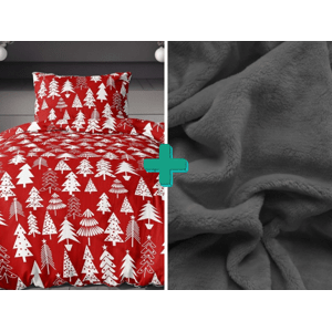 Flanelové povlečení CHRISTMAS TREES červené + prostěradlo mikroplyš SOFT 90x200 cm tmavě šedé
