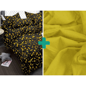 2x povlečení z mikrovlákna PALOMA černé + prostěradlo jersey 180x200 cm žluté