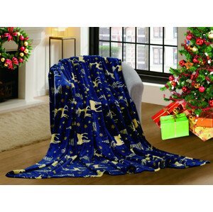 Tmavě modrá vánoční mikroplyšová deka GOLDEN DEER Rozměr: 200 x 220 cm