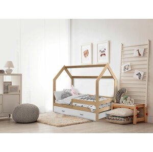 Dětská postel DOMEČEK D3 borovice 80 x 160 cm Rošt: S lamelovým roštem, Matrace: Matrace EASYSOFT 8 cm, Úložný box: Bez úložného boxu