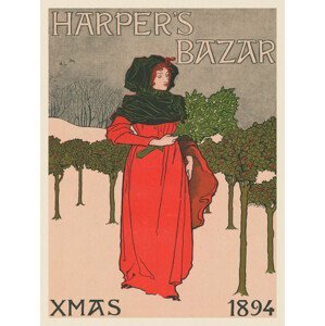 Obrazová reprodukce Harpers Bazar Christmas 1894 (Festive Vintage Christmas Poster Ft. Lady picking Holly in the Snow) - Louis Rhead, (30 x 40 cm)