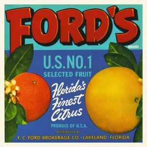 Obrazová reprodukce Ford's Citrus Brand (Colourful Retro Graphic / Vintage Fruit & Fresh Produce Advertisement) - Florida Crate Labels, (40 x 40 cm)