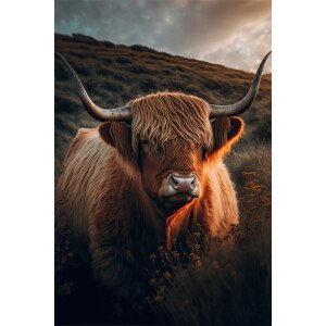Umělecká fotografie Highland Cow With Big Horns, Treechild, (26.7 x 40 cm)