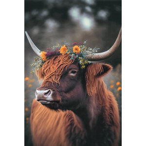 Umělecká fotografie Highland Cow With Flowers, Treechild, (26.7 x 40 cm)