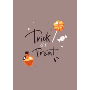 Ilustrace Halloween card with lettering Trick or Treat. Candies and bottle with poison., Анастасия Фризен, (26.7 x 40 cm)