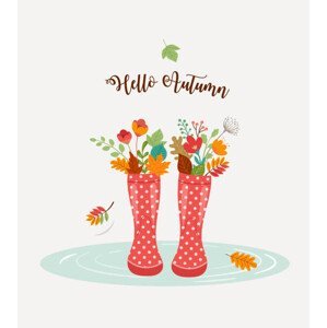 Ilustrace Autumn, fall season background, rain rubber boots with autumn leaves and flowers, scarf and umbrella, ma_rish, (35 x 40 cm)
