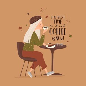 Ilustrace Cartoon beautiful girl drinking coffee at cafe, MashaStarus, (40 x 40 cm)